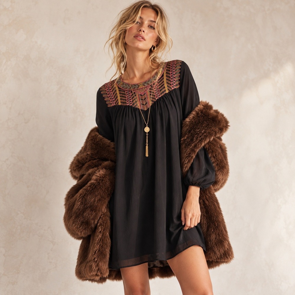 Boho Embroidered Mini Dress Womens Size S Black Casual Peasant Festival